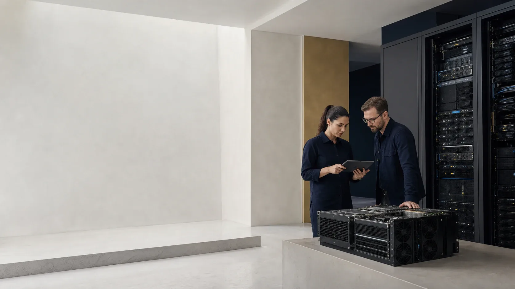 Infrastructure operators reviewing server and GPU systems in a Mineral studio