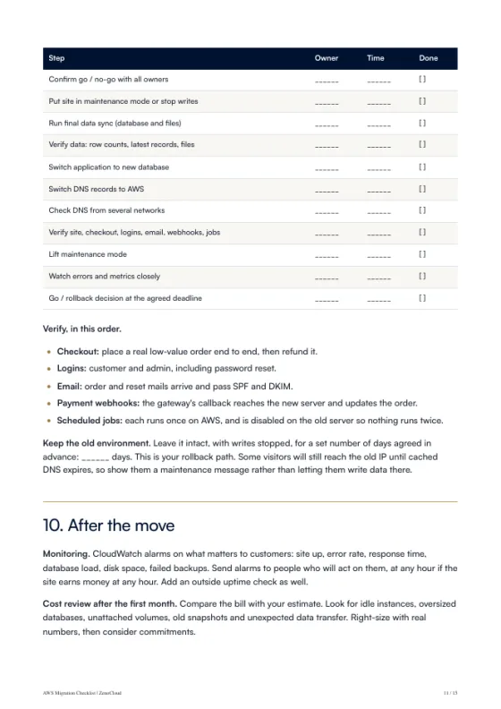 A page from the AWS Migration Checklist