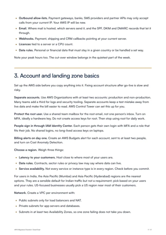 A page from the AWS Migration Checklist