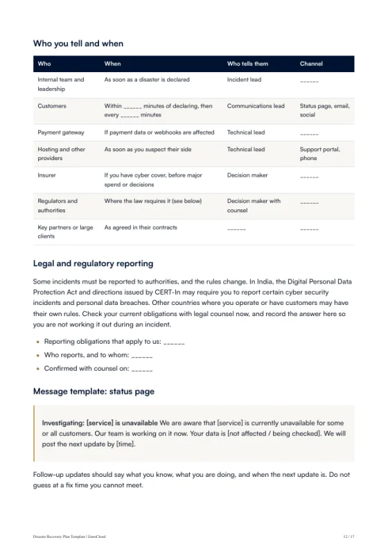 A page from the Disaster Recovery Plan Template