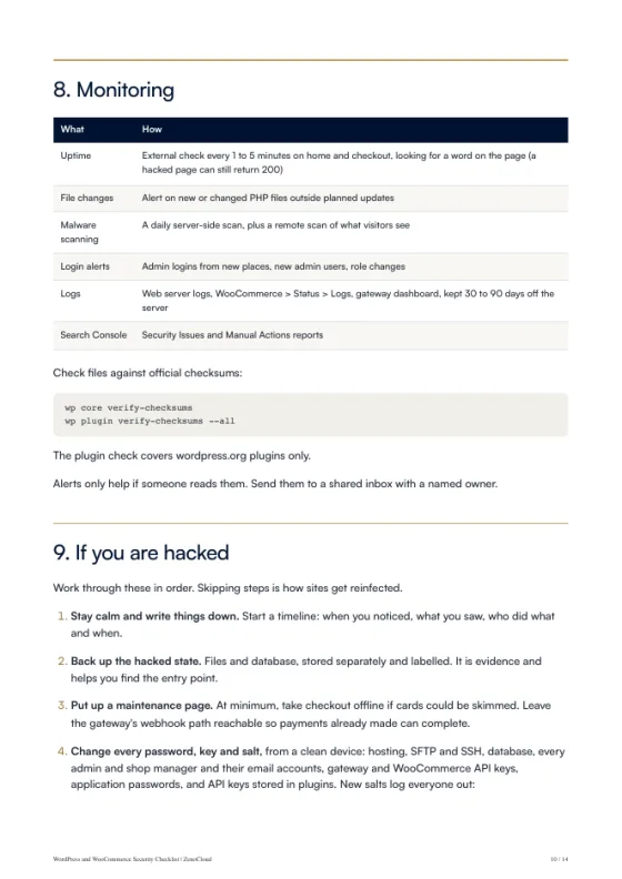 A page from the WordPress and WooCommerce Security Checklist