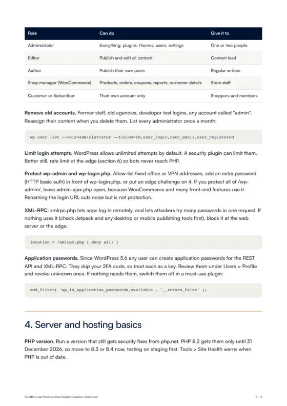 A page from the WordPress and WooCommerce Security Checklist