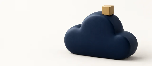 A matte navy cloud volume with a small gold cube on top, on warm paper.