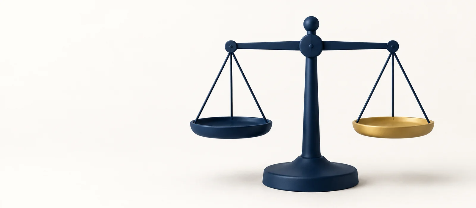 A matte navy balance scale with one gold pan, on warm paper.