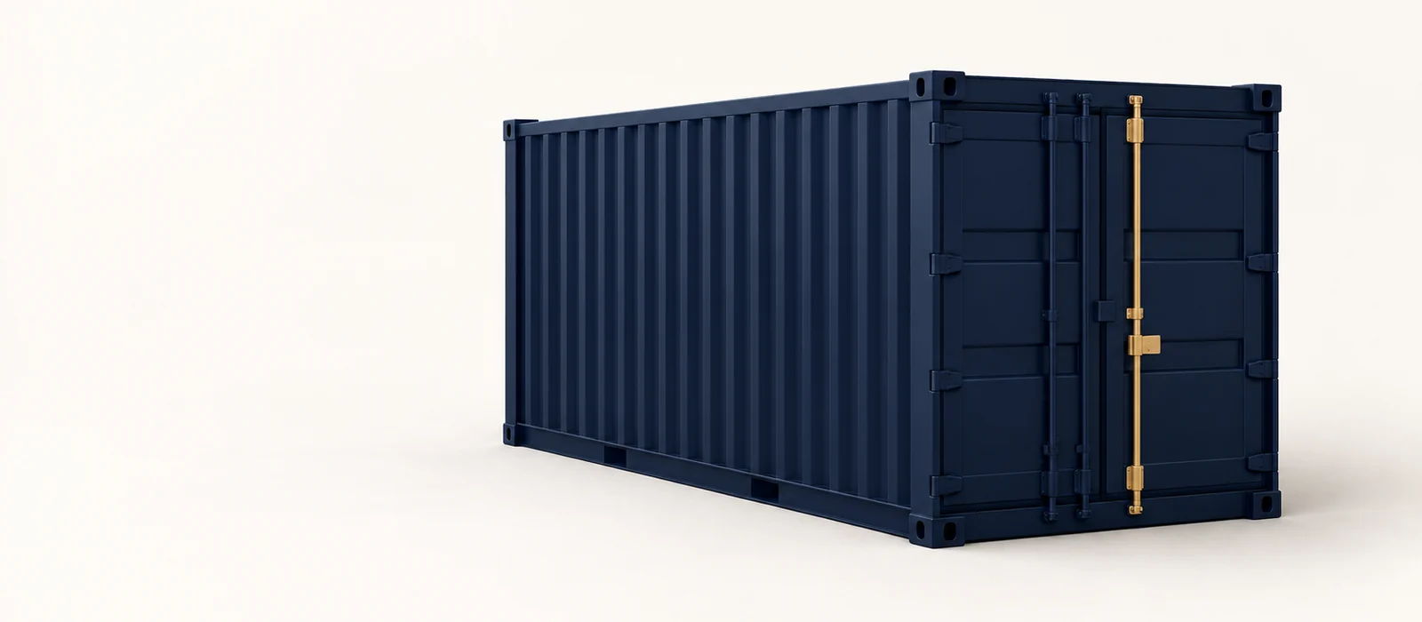 A matte navy shipping container with a gold door latch, on warm paper.