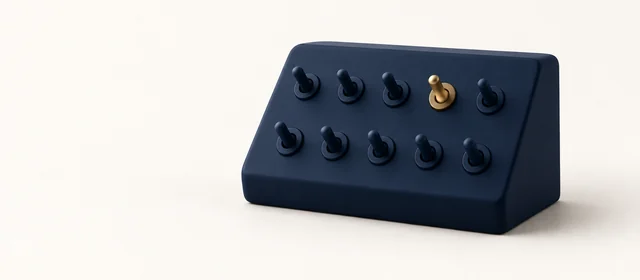 A matte navy panel with rows of toggle switches, one gold, on warm paper.