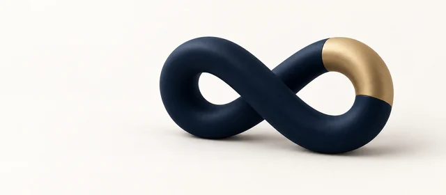 A matte navy infinity loop with one gold quarter, on warm paper.