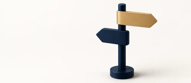 A matte navy signpost with two arrow blades, the upper one gold, on warm paper.