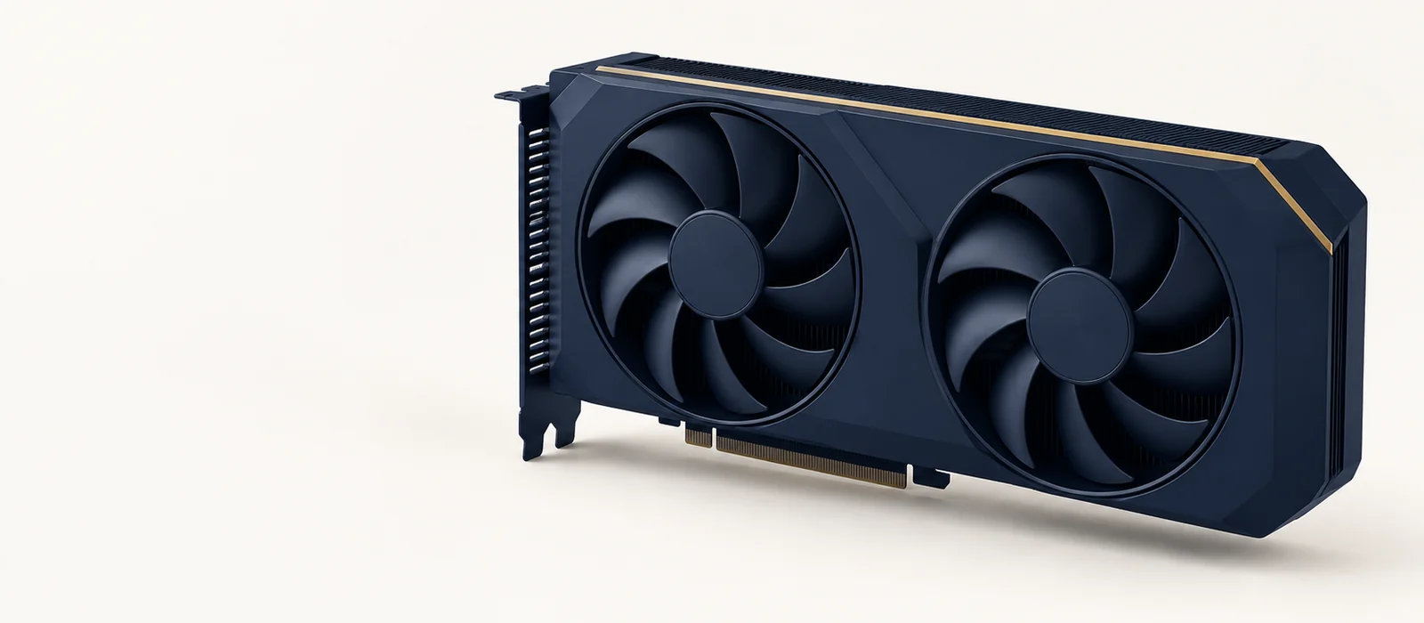 A matte navy graphics card with two fans and a thin gold edge, on warm paper.