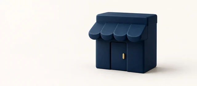 A small matte navy storefront with a scalloped awning and a gold door handle, on warm paper.