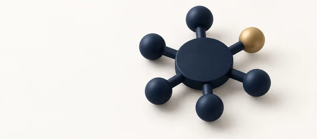 A matte navy hub with six spokes ending in spheres, one gold, on warm paper.