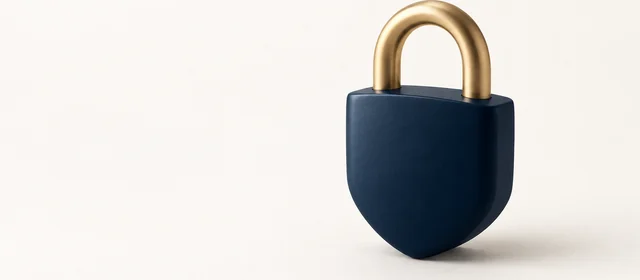 A shield-shaped matte navy padlock with a gold shackle, on warm paper.