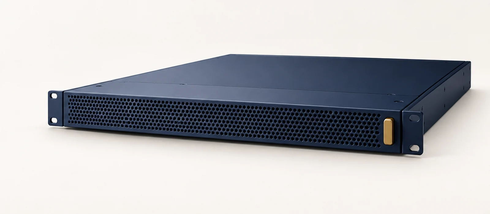 A single matte navy 1U server blade with a small gold latch, on warm paper.
