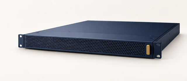 A single matte navy 1U server blade with a small gold latch, on warm paper.
