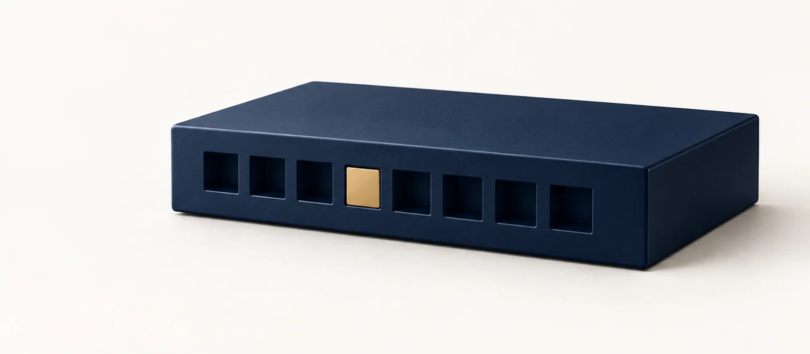 A slim matte navy switch with a row of ports, one gold, on warm paper.