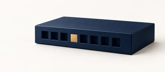 A slim matte navy switch with a row of ports, one gold, on warm paper.