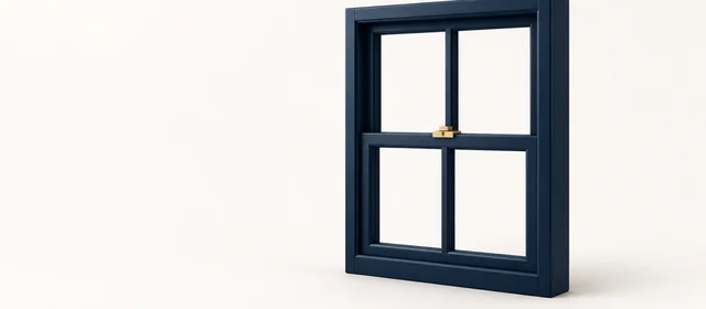 A matte navy window frame with a small gold latch, on warm paper.