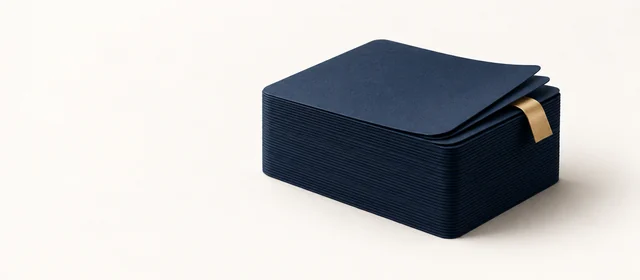 A stack of matte navy pages with a gold bookmark ribbon, on warm paper.