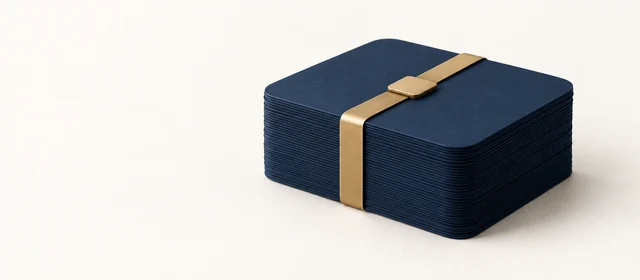 A stack of matte navy pages bound by a gold strap with a clasp, on warm paper.