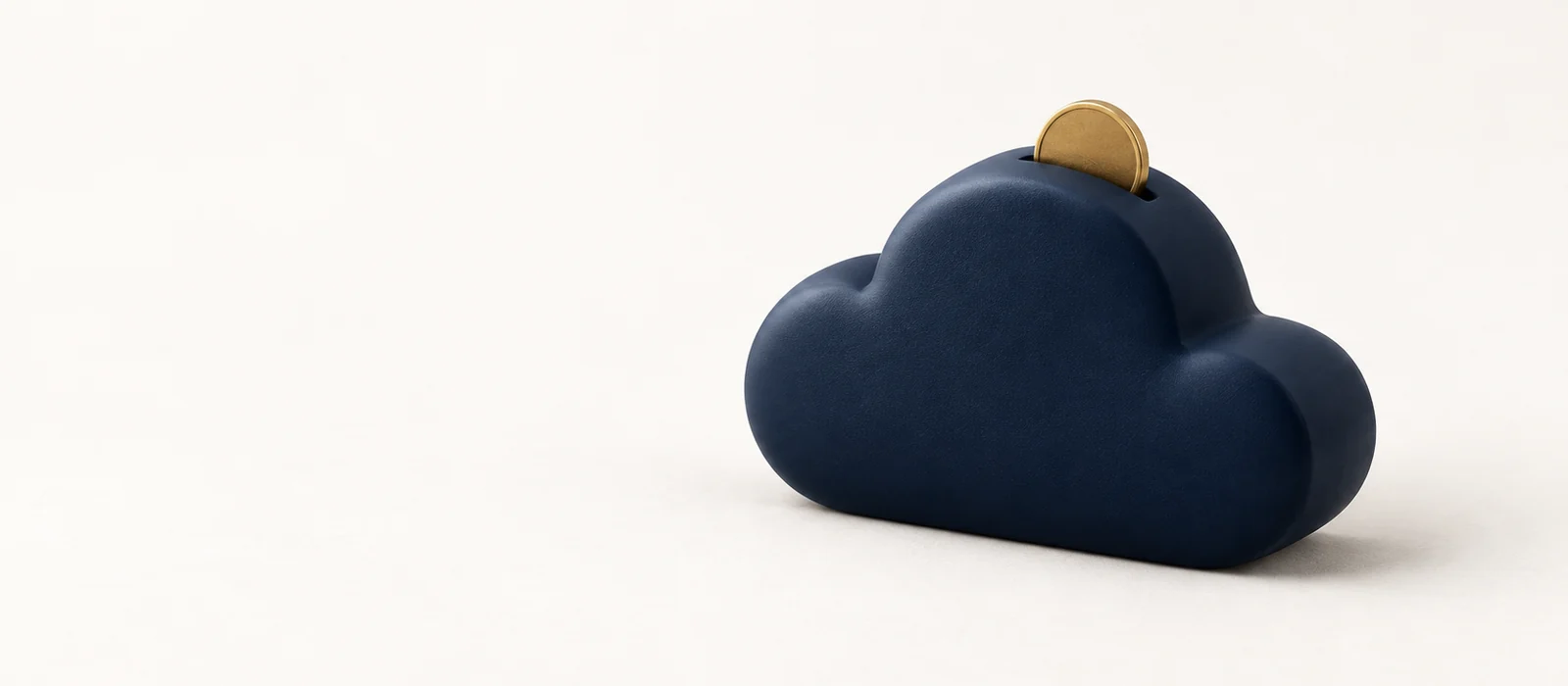 A matte navy cloud volume with a gold coin in a slot on top, on warm paper.