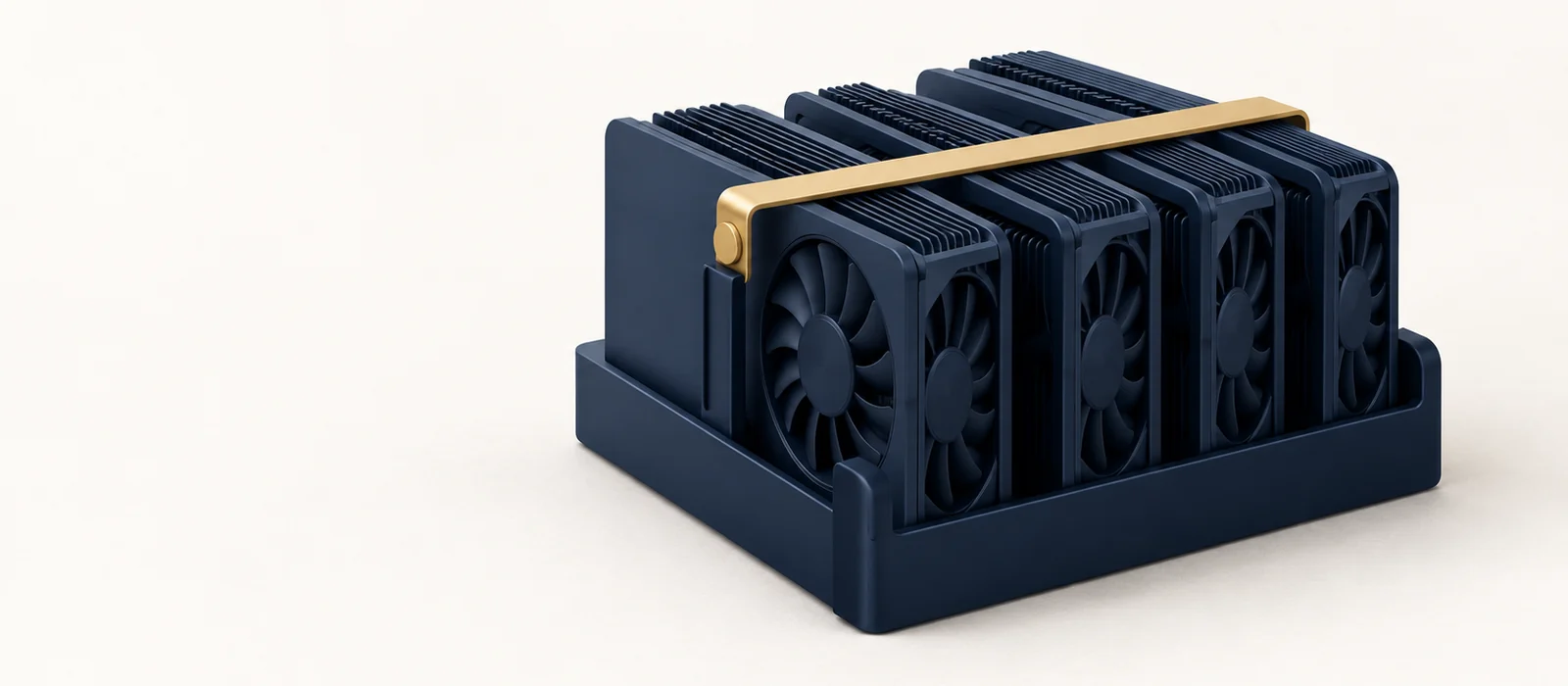 A matte navy server tray holding four GPU cards with a gold bracket, on warm paper.