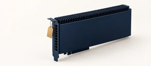 A matte navy passively cooled accelerator card standing upright with a small gold price tag, on warm paper.