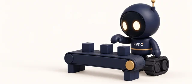 Zeno, the navy robot, checks cubes moving along a short conveyor with a gold roller.