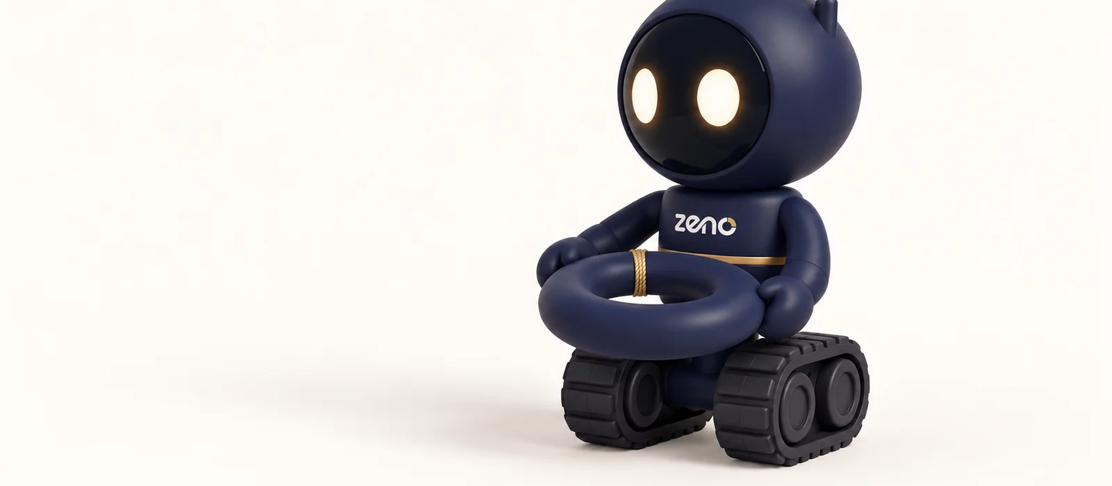 Zeno, the navy robot, holds a navy lifebuoy with a single gold rope band.
