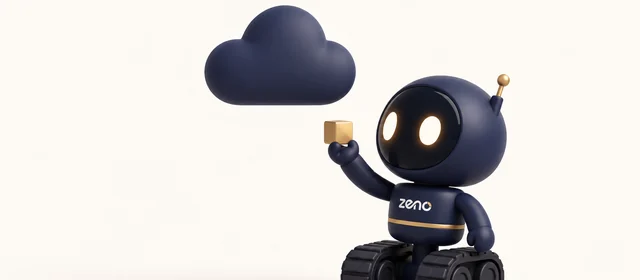 Zeno, the navy robot, lifts a gold cube toward a floating navy cloud.