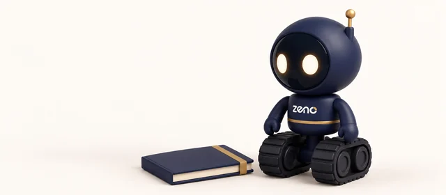 Zeno, the navy robot, rests beside a closed navy notebook with a gold band.