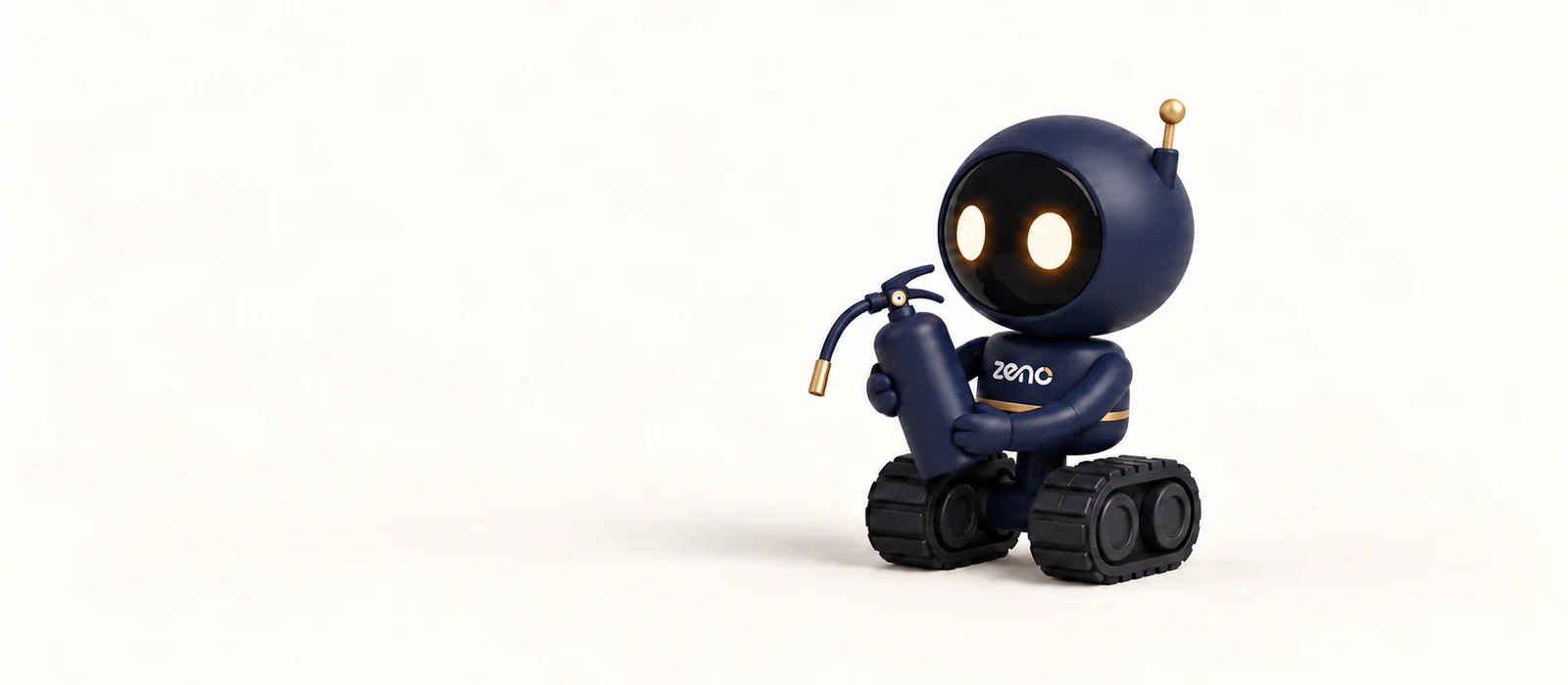 Zeno, the navy robot, calmly holds a small fire extinguisher with a gold nozzle.