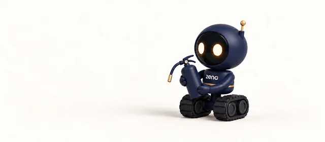 Zeno, the navy robot, calmly holds a small fire extinguisher with a gold nozzle.