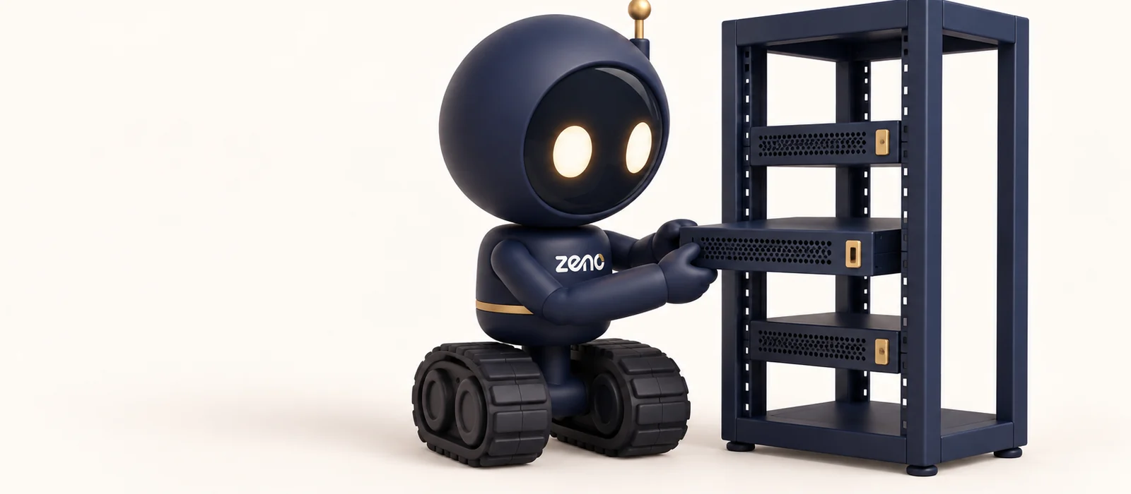 Zeno, the navy robot, slides a server blade into a small rack.