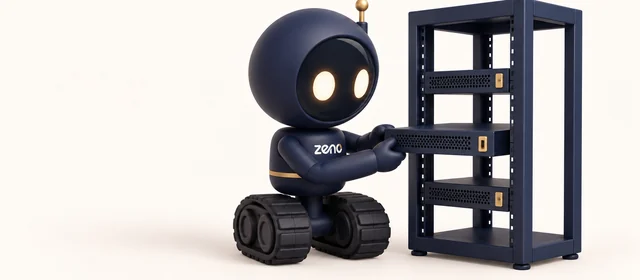 Zeno, the navy robot, slides a server blade into a small rack.