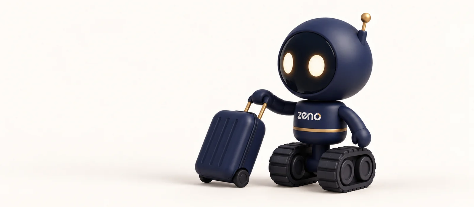 Zeno, the navy robot, rolls a navy suitcase with a gold handle.