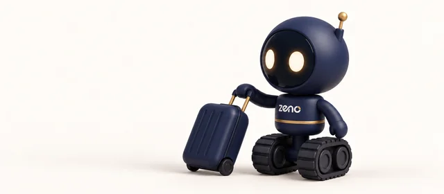 Zeno, the navy robot, rolls a navy suitcase with a gold handle.