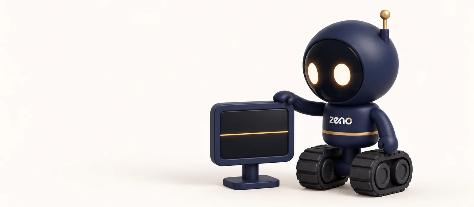 Zeno, the navy robot, watches a small monitor showing a single steady gold line.