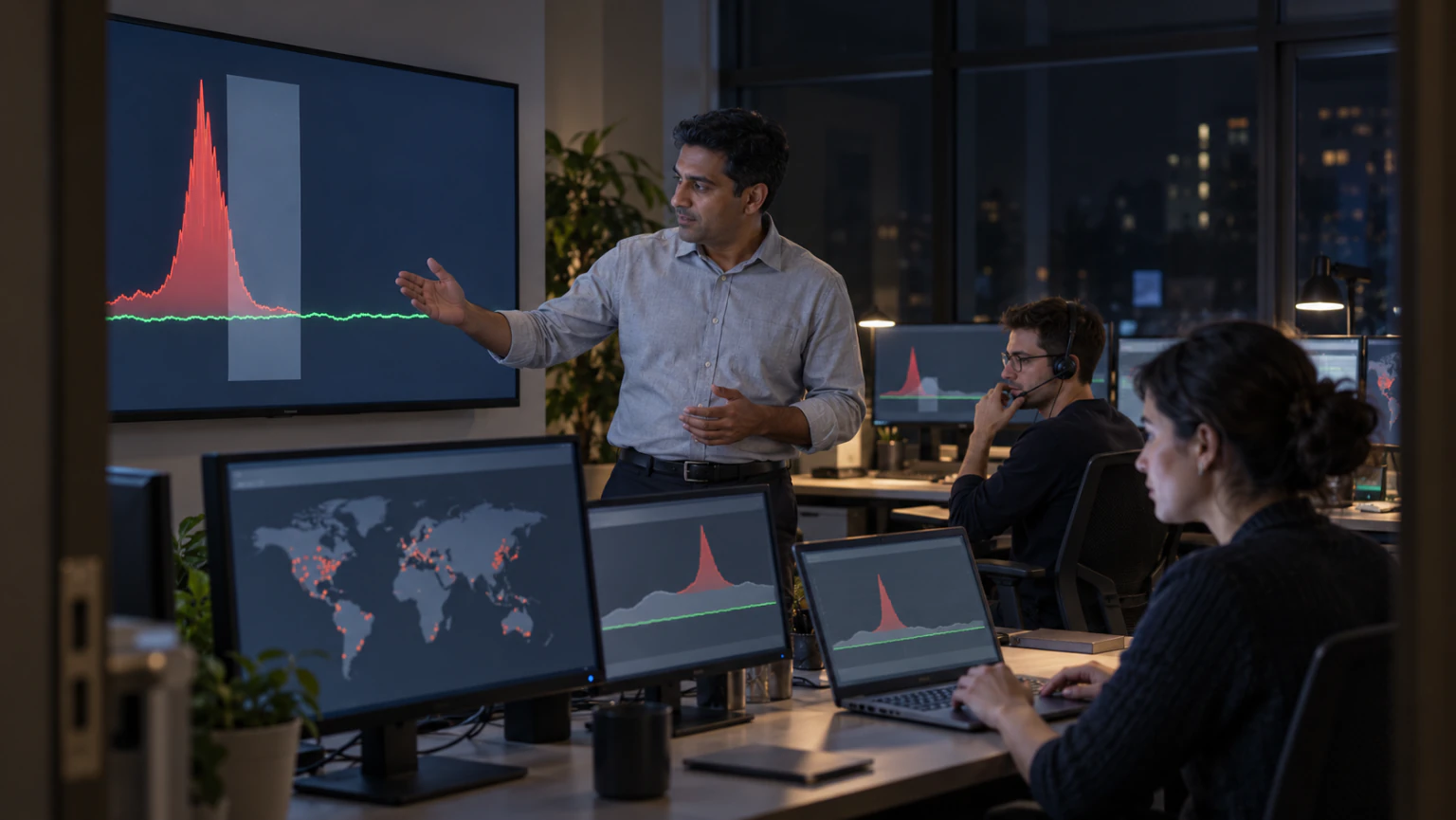 Illustration: an incident team reviewing an attack spike on wall screens