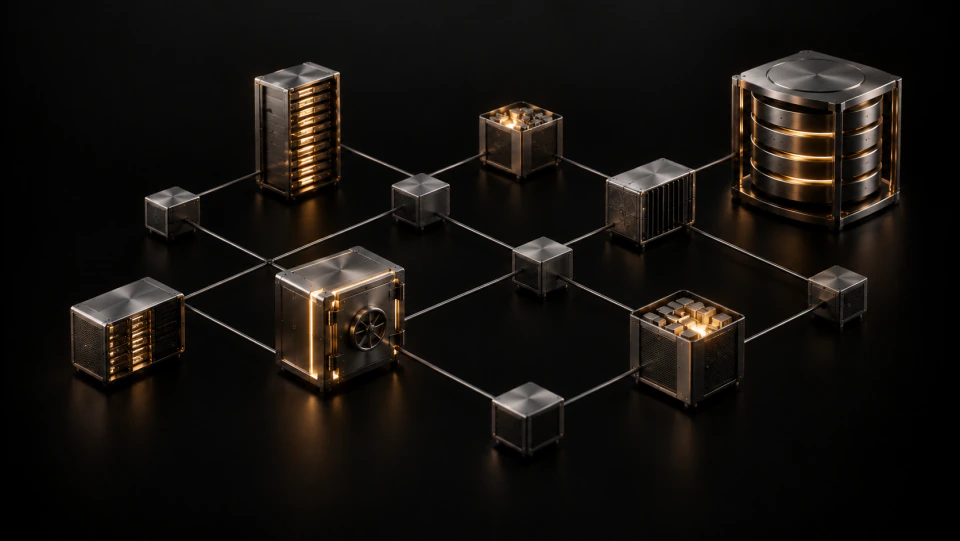 Illustration of a company's systems with the databases, backups and logs that hold personal data glowing gold