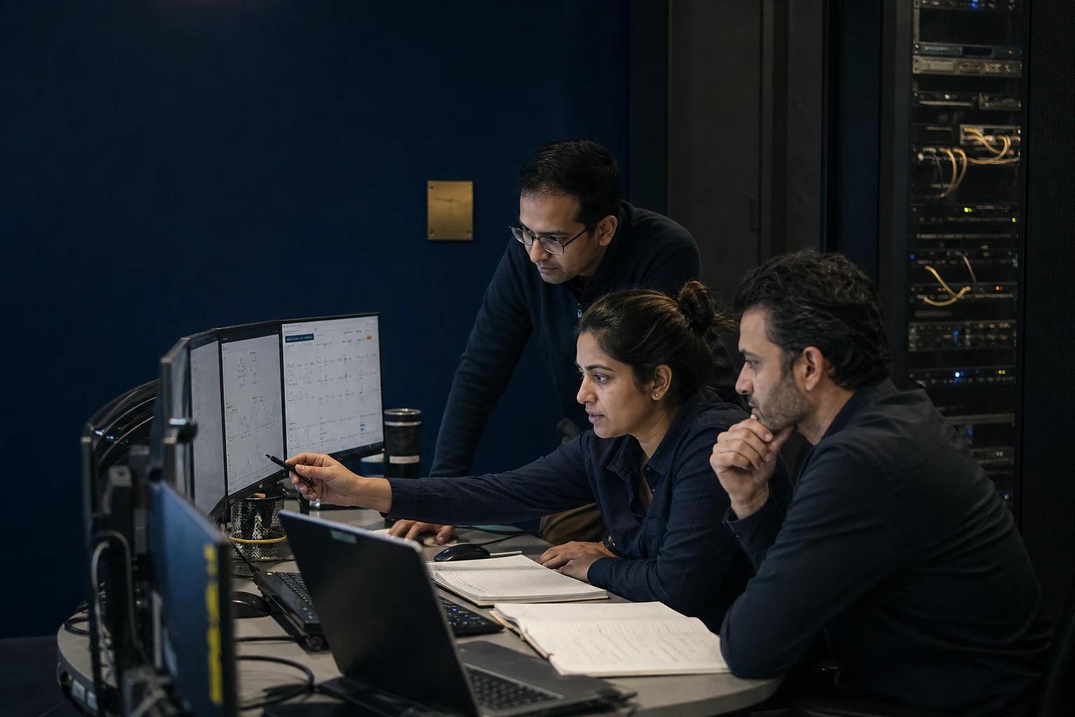 Infrastructure team reviewing monitoring data beside a server rack