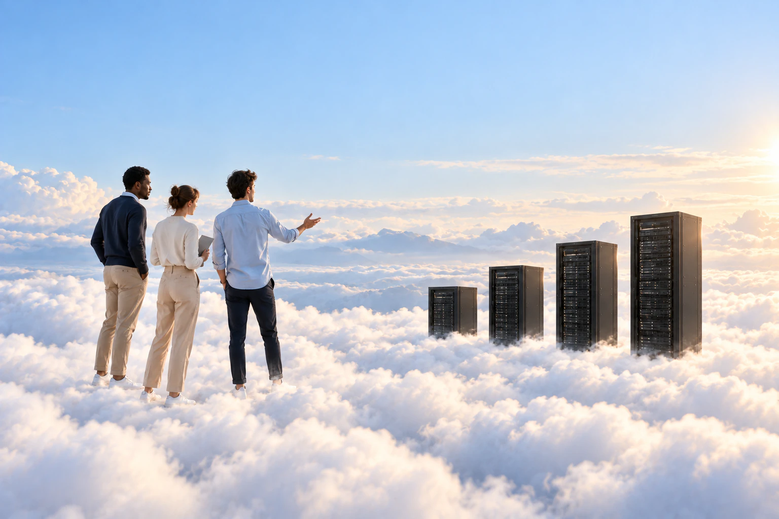 Three colleagues in smart casual clothes stand together on the clouds, one gesturing toward a row of four dark server racks of increasing height, under a bright blue sky at sunrise.