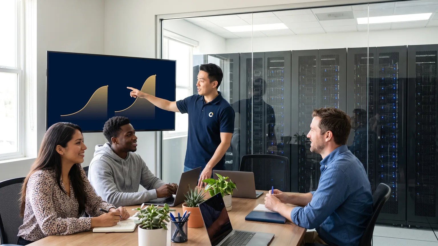 An AI startup team reviews model results on a wall screen with a ZenoCloud engineer in a navy branded polo, a GPU server room visible through the glass behind them.