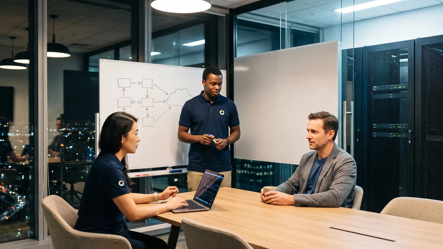 Two ZenoCloud engineers in navy branded polos walk a client CTO through the cutover plan on a whiteboard in a night-time meeting room.