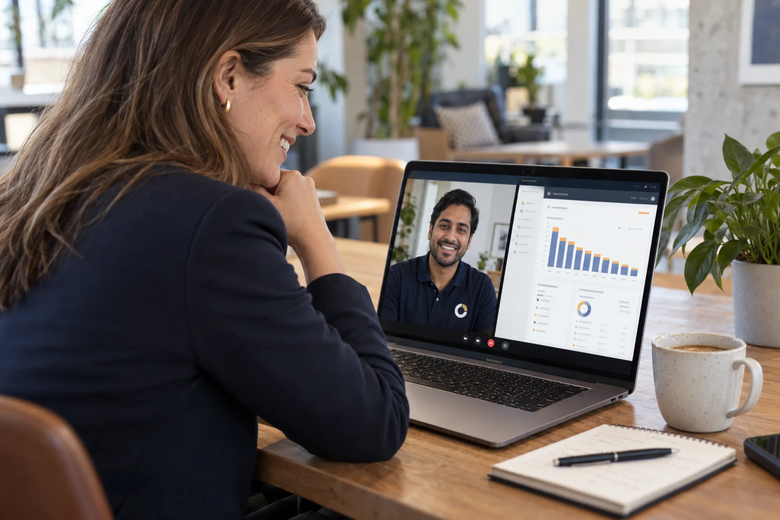 A founder smiles on a video call with a ZenoCloud engineer, a cloud cost chart stepping down beside him on her laptop screen.
