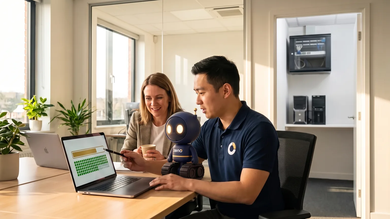 The morning after a server migration: a ZenoCloud engineer and the client's IT head review the finished migration on a laptop, the old server closet powered down behind them. Zeno, ZenoCloud's AI ops assistant, a small navy robot on treads, stands on the desk beside the laptop.