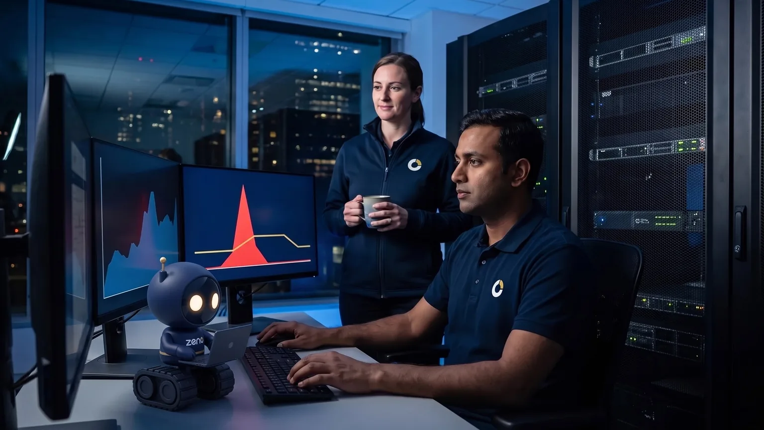 Two ZenoCloud engineers in navy branded clothing at a night operations desk, one flattening an attack spike on the traffic graph while the other watches calmly. Zeno, ZenoCloud's AI ops assistant, a small navy robot on treads, sits on the desk by the traffic graph.