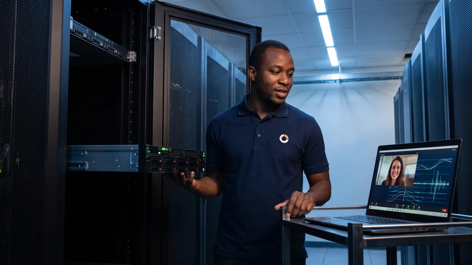 A ZenoCloud engineer in a navy branded polo racks a dedicated server in a data-centre aisle and hands over access to the client on a video call.