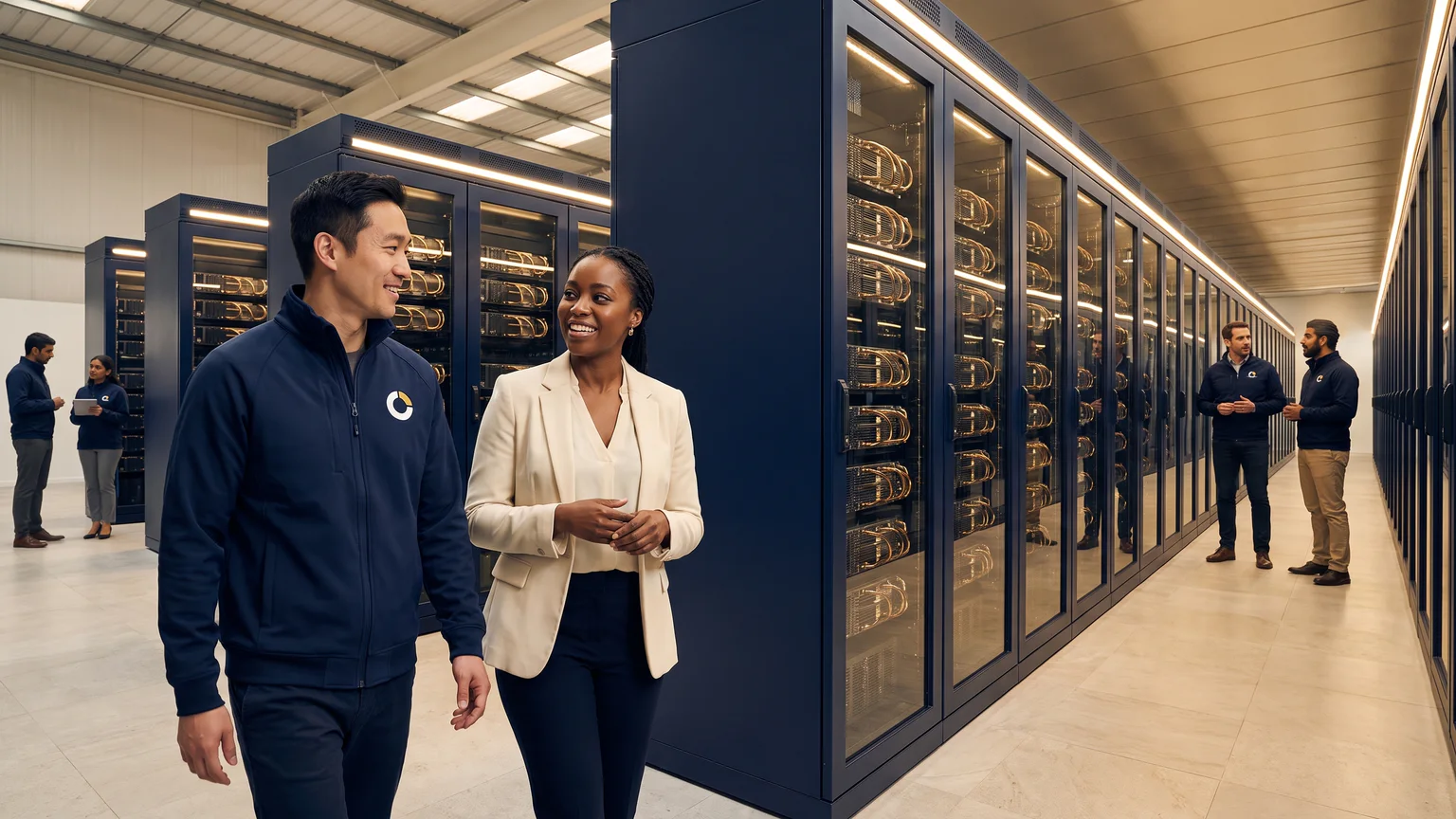 A ZenoCloud engineer walks a founder down a GPU data hall of navy racks with glass doors and brass-coloured heat pipes.