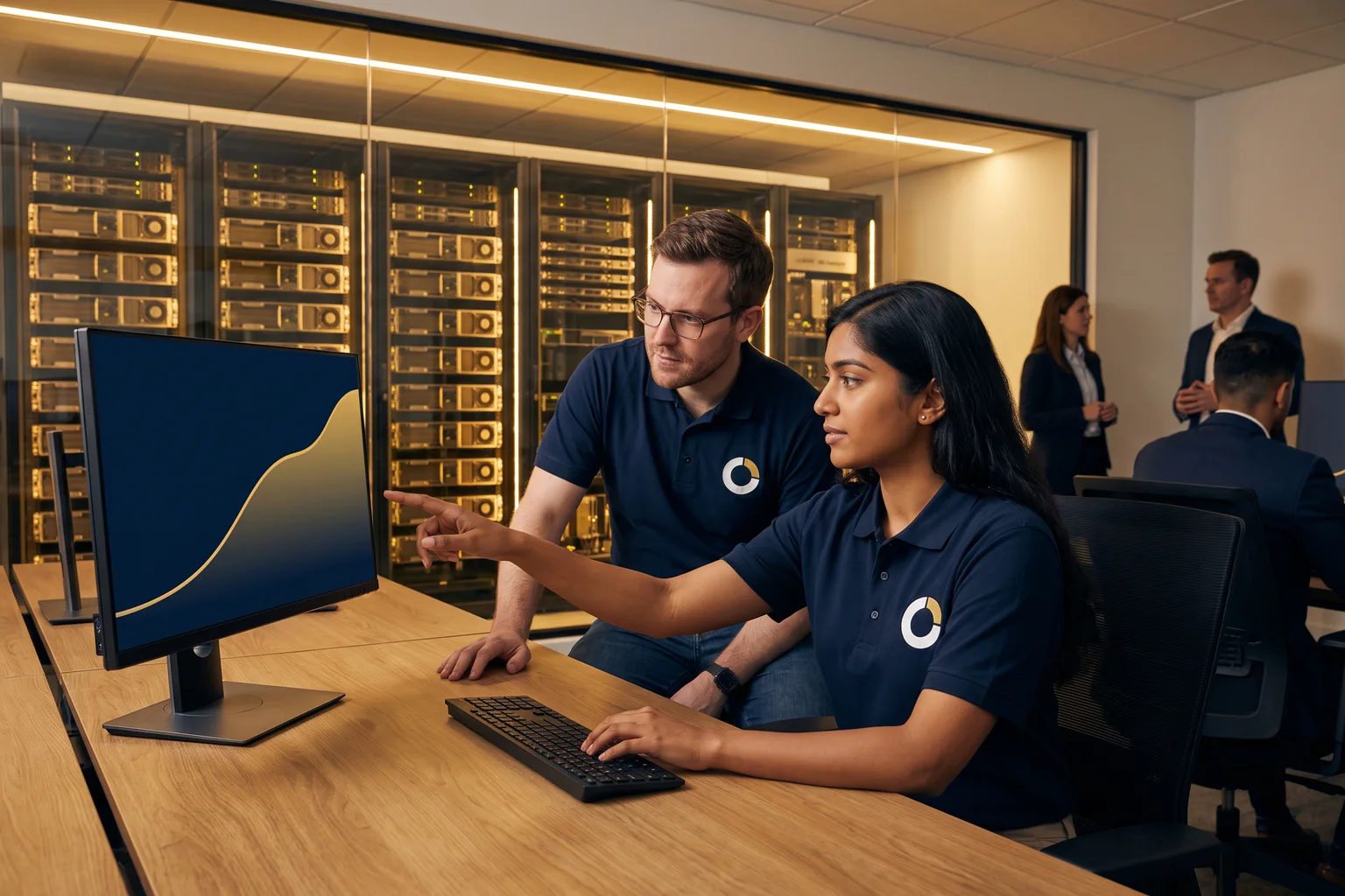 Two ZenoCloud engineers in navy branded polos review a training curve in an operations room overlooking GPU racks.