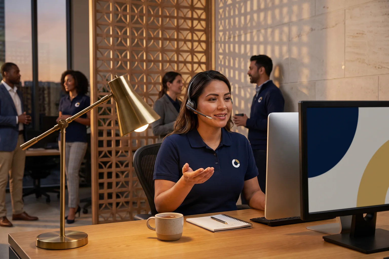 A ZenoCloud support engineer in a navy branded polo and a headset talks a customer through a fix at her desk at dusk, a cup of tea and a notebook beside her.
